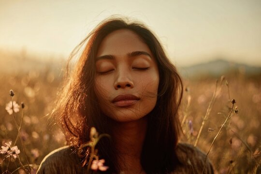 Serene woman in sunlit field.