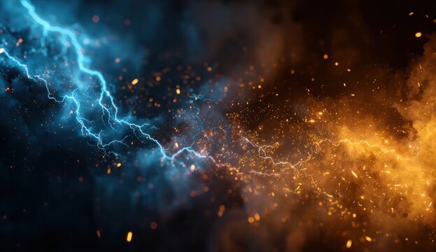 Dramatic background of vibrant blue and orange lightning bolts illuminating the dark atmosphere with energy and intensity