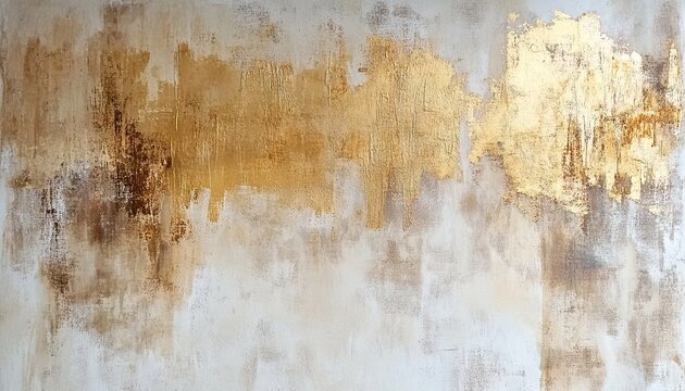 A contemporary abstract painting with vertical strokes of gold leaf and brown paint on a distressed white background