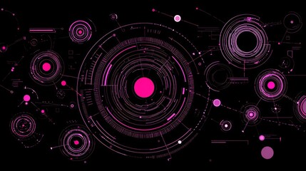 Fototapeta premium Abstract geometric circles lines magenta pink black background vector design cyberpunk digital art technology pattern ornamental graphic composition with radiant shapes futuristic decorative concept