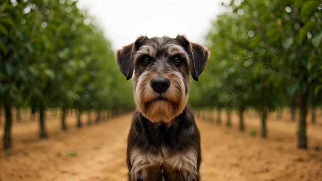 Close-Up Portrait of a Miniature Schnauzer Dog Standing in an Orchard