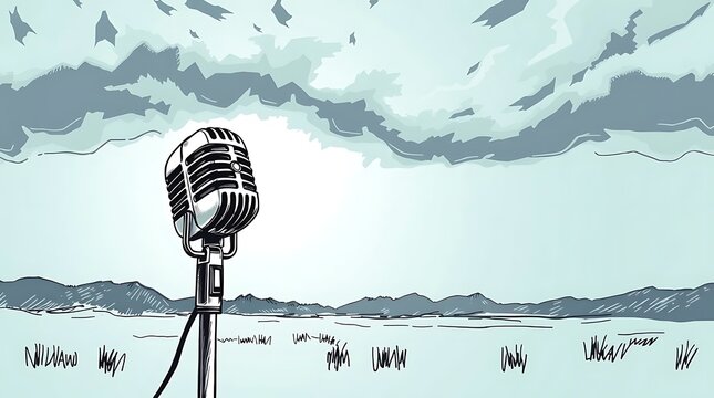 Vintage microphone against dramatic sky in a grassy field illustration