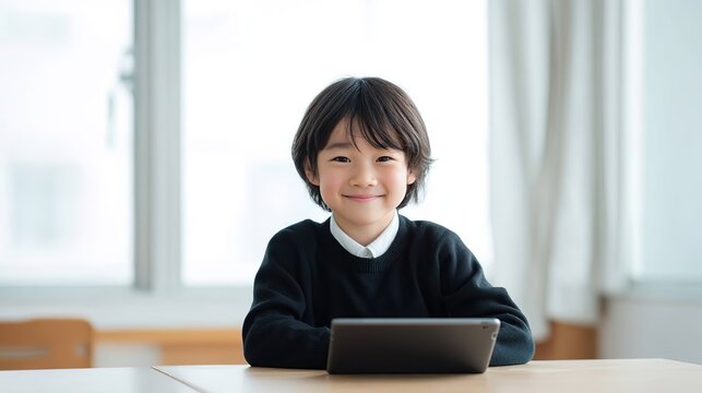 タブレット端末で学習するアジア人小学生02
