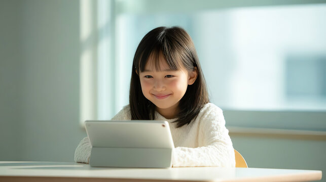 タブレット端末で学習するアジア人小学生01
