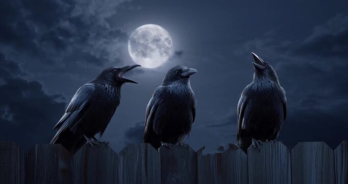 Three crows perched on a fence under a full moon with a dramatic sky