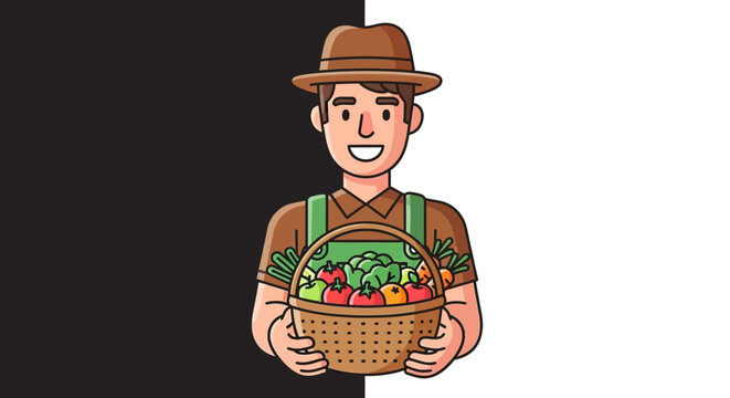 Cartoon farmer holding vegetable basket.