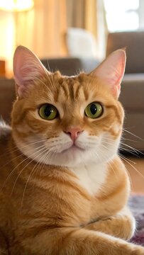 Orange tabby cat attentively gazing at the camera indoors.