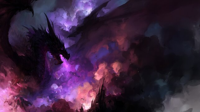 Black dragon breathing purple fire in a dark cloudy sky with mystical smoke and glowing