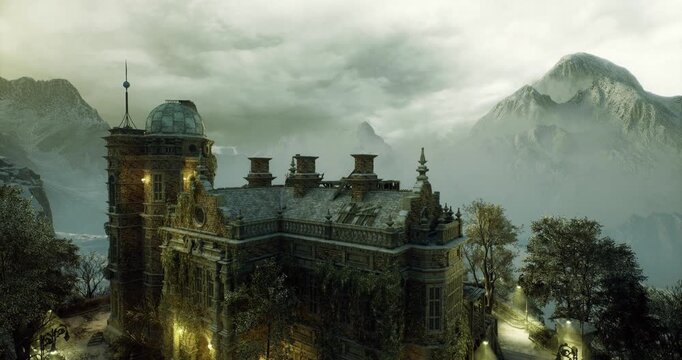 abandoned castle rooftop under fading dusk light. crumbling turrets and overgrown ivy create haunting silhouettes, broken chimneys and mossy stones suggest slow