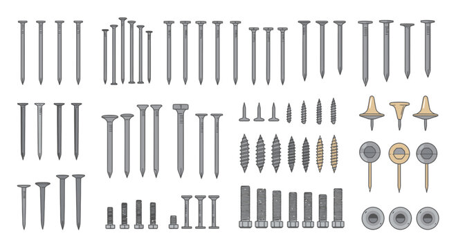 Assortment of Metal Fasteners, Nails, Screws, and Bolts for Construction