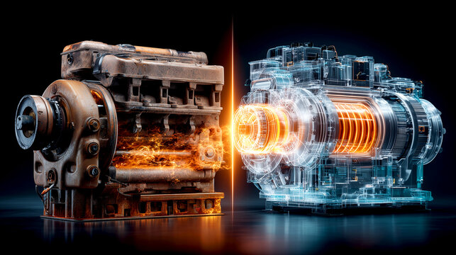 Evolution of power engine comparing an old rusty internal combustion motor with a futuristic digital hologram electric engine