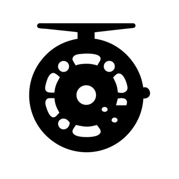 Black Fly Fishing Reel Vector Icon for Outdoor Sport and Angling Logo