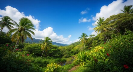 Obraz premium Tropical landscape palm trees blue sky