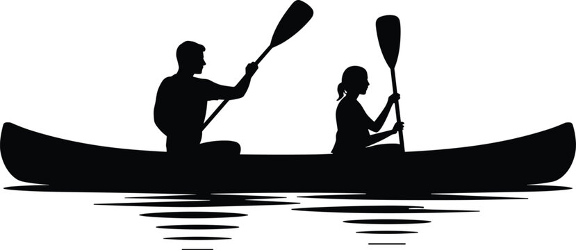 Silhouette of a Couple Canoeing on Water with Reflections on White Background boat