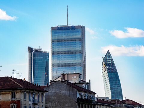 Milan, Italy - March 17, 2026: The Three Towers of Citylife seen from Viale Curie in Milan, Italy