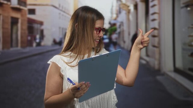 Woman holding a clipboard and points finger on a bustling city street while smiling, jotting notes with a pen on a notepad and wearing red glasses; friendly confidence.