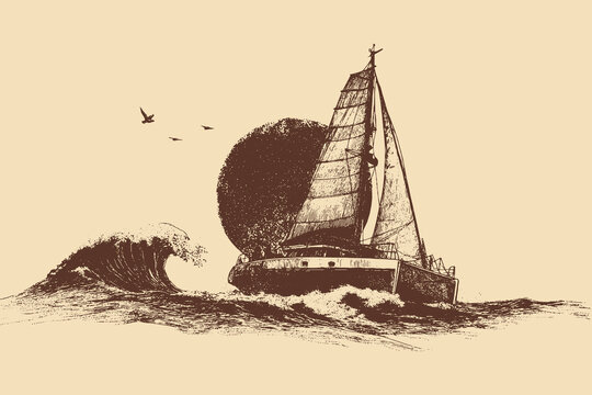 A modern sailing catamaran sailing across the ocean, vector illustration. This vector illustration can be used in any size you like for advertising, logos, and other work.
