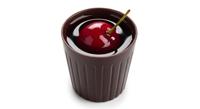 A shot of Portuguese sour cherry liqueur served in a small edible chocolate cup with a fruit, isolated on white