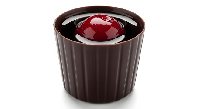 A shot of Portuguese sour cherry liqueur served in a small edible chocolate cup with a fruit, isolated on white