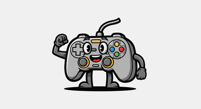 Cartoon game controller with arms and legs on white background