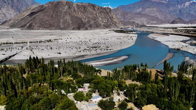 Scenic aerial view of Skardu Valley with blue sky showcasing natural beauty of Gilgit Baltistan