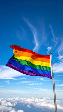 Rainbow Pride Flag Waving Proudly Against a Blue Sky.