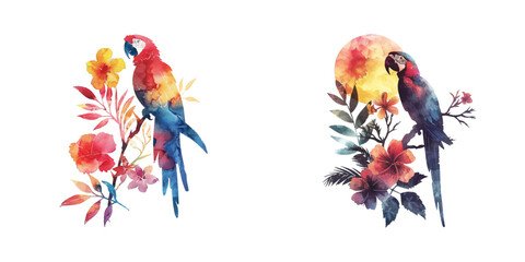abstract color silhouette of parrot and tropical flowers watercolor vector illustration © Dar