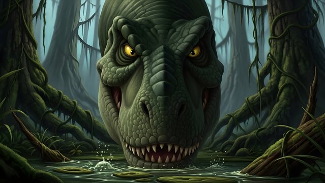 Fearsome Tyrannosaurus Rex emerges from murky swamp waters, a powerful prehistoric predator