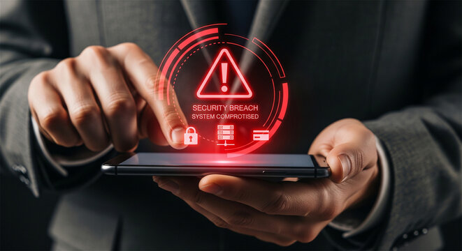 Security breach alert on smartphone, cyber attack, system compromised