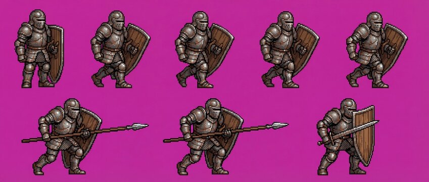 Retro pixel art sprite sheet featuring a medieval knight in full rusty armor with shield, spear, and sword. Game asset for fantasy RPGs, 8-bit & 16-bit style games.
