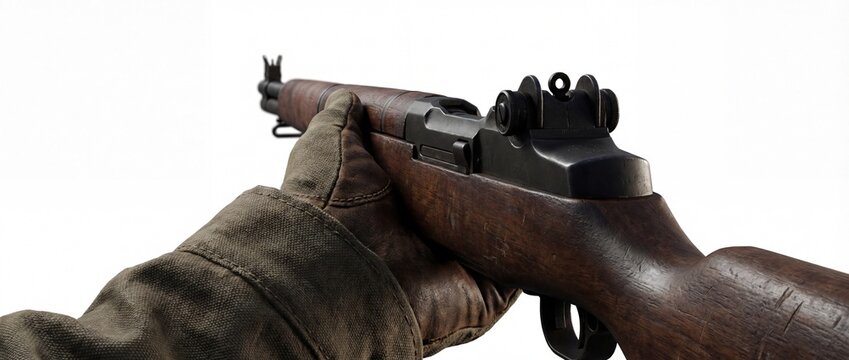 Close-up, first-person view of a hand in a textured military glove gripping a vintage M1 Garand style rifle. Ideal for historical, action, or gaming themes.