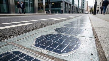 Fototapeta premium Solar panels embedded in a city road surface. Smart city infrastructure with photovoltaic cells on a street. Sustainable energy and green technology in urban environment