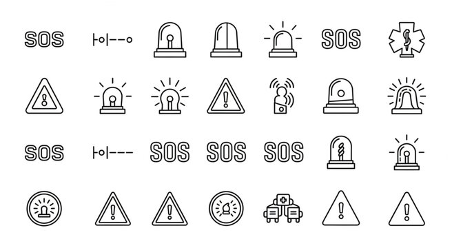 Emergency and warning symbols, signs, and icons for safety and alerts.