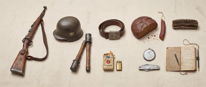 A stark flat lay of World War II German soldier's military gear & personal items, including rifle, helmet, grenade, and daily essentials. Historical war reality.