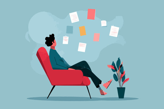 Male relaxing in chair with floating papers and plant on blue background
