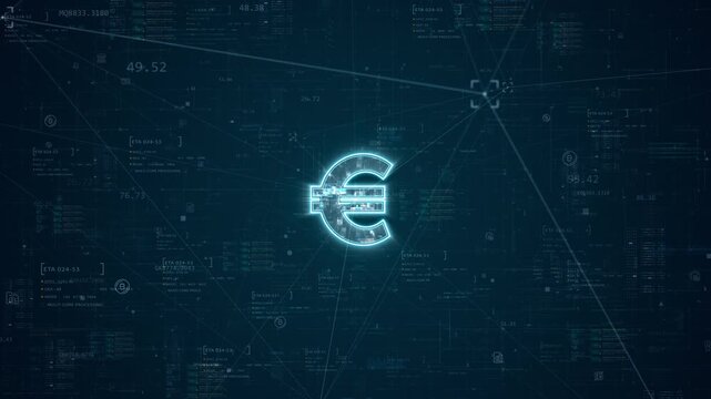 Motion graphic of euro symbol, digital finance interface and fintech data network, creating a futuristic currency background for banking, payment and technology videos.