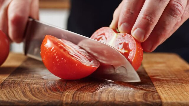Closeup of a chef slicing a ripe red tomato on a wooden cutting board.