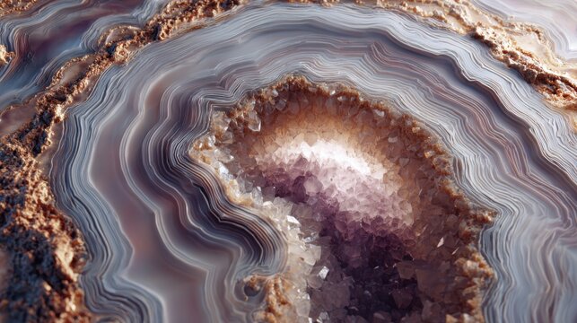 Natural agate stone texture with purple amethyst crystals, macro mineral cross section, organic geode background with wavy marble patterns
