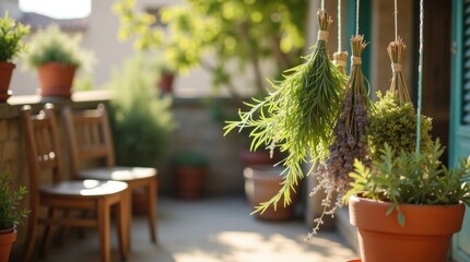 Balcón rústico con sillas vintage desiguales en tonos de madera envejecida, una variedad de hierbas secándose