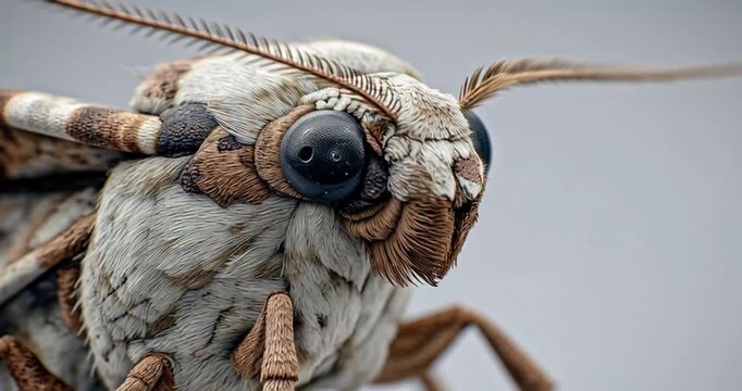 Ultra-realistic detailed macro close-up of a moth's intricate fuzzy head and compound eyes, showcasing delicate textures and patterns in natural light