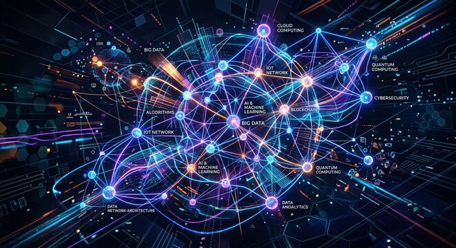 Abstract digital network connections and data visualization with glowing nodes and lines illustrating a complex system