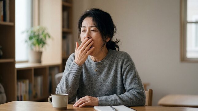 A tired Asian woman sits at a table in her home, yawning with her hand covering her mouth, next to a mug and notebook.