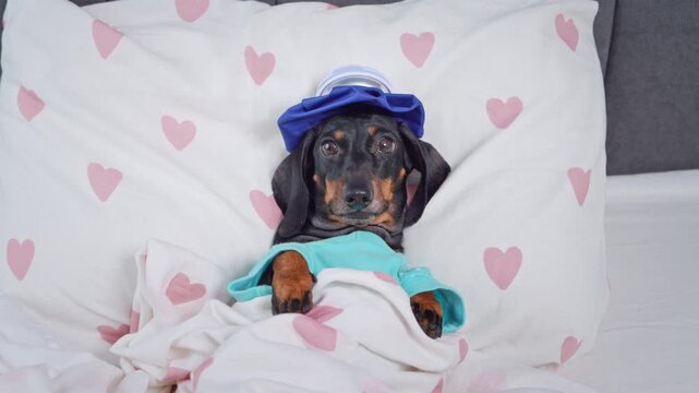 Black dachshund dog lying in bed with a blue ice pack on head and teal bathrobe under heart patterned bedding with a suffering expression, sick pet humor, funny illness concept, comic animal scene.