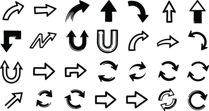 Collection of black arrows diverse directions and shapes for visual communication