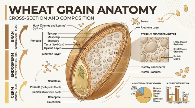 An illustrated educational guide showcasing the intricate internal structure of a wheat grain, detailing its anatomical components and nutritional composition for educational and scientific purposes.