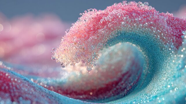 Macro photography of sugar coated candy wave, pink and blue sour gummy texture, crystalline sugar granules on sweet confectionery surface