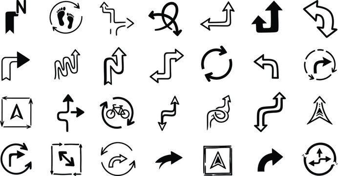 Collection of black and white directional arrow icons and road sign symbols