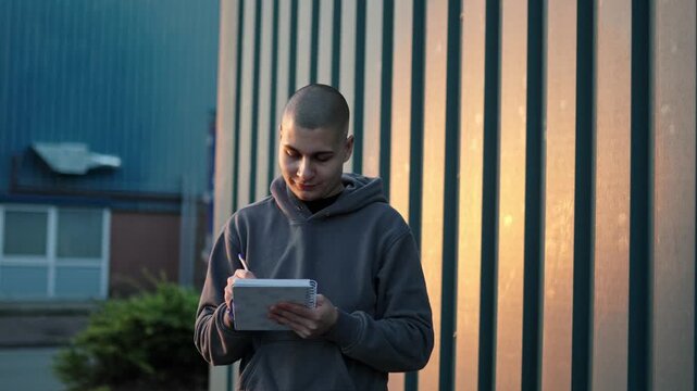 Young student with a shaved head drawing in a notepad outdoors against a modern building during sunset, showcasing creativity