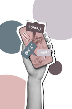 Vertical photo collage of hand hold iphone screen notification text box sms cyberbully comment hate insult isolated on painted background