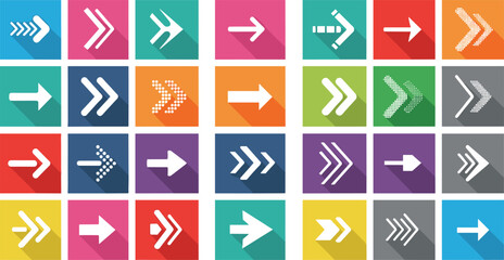Fototapeta premium Colorful square arrow icon set with flat long shadow style directional symbols modern navigation buttons and abstract UI elements collection